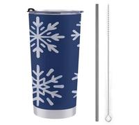 Tazza da viaggio da 590 ml, con fiocchi di neve, semplice ed estetica, in acciaio inox, isolata sottovuoto, con coperchio con cannuccia e spazzola per la pulizia