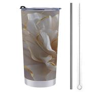Tazza da viaggio da 590 ml, con fiore bianco con una bottiglia d'acqua con nastro dorato, in acciaio inox, isolata sottovuoto, con coperchio con cannuccia e spazzola per la pulizia