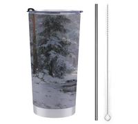 Tazza da viaggio da 590 ml, con la foresta in inverno, bottiglia d'acqua e neve, in acciaio inox, con coperchio con cannuccia e spazzola per la pulizia