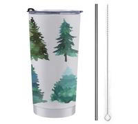 Tazza da viaggio da 590 ml, con motivo albero di pino acquerello, verde e blu, in acciaio inox, isolata sottovuoto, con coperchio con cannuccia e spazzola per la pulizia
