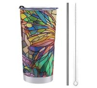 Tazza da viaggio da 590 ml, con motivo fatina con ali, in acciaio inox, isolata sottovuoto, con coperchio con cannuccia e spazzola per la pulizia