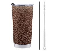 Tazza da viaggio da 590 ml, con motivo in pelle marrone, in acciaio inox, isolata sottovuoto, con coperchio con cannuccia e spazzola per la pulizia