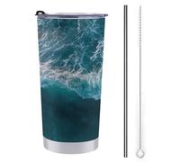 Tazza da viaggio da 590 ml, con motivo onde oceaniche blu e verde, in acciaio inox, isolata sottovuoto, con coperchio con cannuccia e spazzola per la pulizia