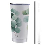 Tazza da viaggio da 590 ml, con rami di eucalipto verde acquerello, in acciaio inox, isolata sottovuoto, con coperchio con cannuccia e spazzola per la pulizia