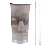 Tazza da viaggio da 590 ml, con simpatici fantasmi bianchi in paesaggio ghiacciato innevato, in acciaio inox, con coperchio con cannuccia e spazzola per la pulizia