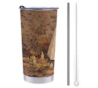 Tazza da viaggio da 590 ml, con simpatico fantasma e foglie autunnali, bottiglia d'acqua a lume di candela, in acciaio inox, isolata sottovuoto, con coperchio con cannuccia e spazzola per la pulizia