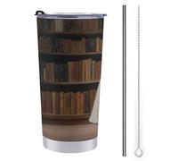 Tazza da viaggio da 590 ml, con simpatico fantasma in biblioteca, bottiglia d'acqua vintage, in acciaio inox, isolata sottovuoto, con coperchio con cannuccia e spazzola per la pulizia
