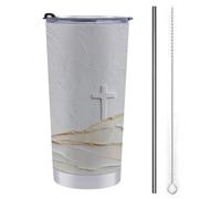 Tazza da viaggio da 590 ml, con tre croci sulla collina, in acciaio inox, isolata sottovuoto, con coperchio con cannuccia e spazzola per la pulizia