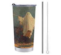 Tazza da viaggio da 590 ml, con tre fantasmi appesi al filo del bucato, bottiglia d'acqua rustica, in acciaio inox, isolata sottovuoto, con coperchio con cannuccia e spazzola per la pulizia