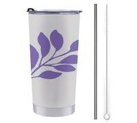 Tazza da viaggio da 590 ml, con tre foglie viola, in acciaio inox, isolata sottovuoto, con coperchio con cannuccia e spazzola per la pulizia