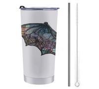Tazza da viaggio da 590 ml, in vetro colorato, con fiore nero, bottiglia d'acqua, in acciaio inox, isolata sottovuoto, con coperchio con cannuccia e spazzola per la pulizia