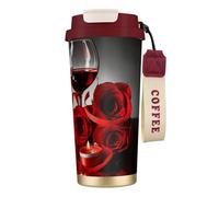 Tazza da viaggio ecologica in acciaio inossidabile 316, tazza da viaggio per auto, tazza da caffè con cordino, rosa rossa e vino, decorazione romantica per gli amanti,Rosso