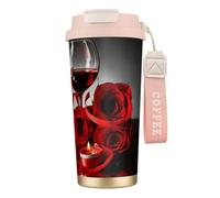 Tazza da viaggio ecologica in acciaio inossidabile 316, tazza da viaggio per auto, tazza da caffè con cordino, rosa rossa e vino, decorazione romantica per gli amanti,Rosa