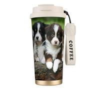 Tazza da viaggio ecologica in acciaio inossidabile 316, tazza da viaggio per ufficio, tazza da caffè con cordino, quartetto di cuccioli di pastore australiano,Bianco