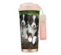 Tazza da viaggio ecologica in acciaio inossidabile 316, tazza da viaggio per ufficio, tazza da caffè con cordino, quartetto di cuccioli di pastore australiano,Rosa