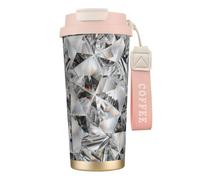 Tazza da viaggio ecologica in acciaio inossidabile 316, tazza da viaggio per ufficio, tazza da caffè con cordino, stile cristallo con trama a diamante,Rosa