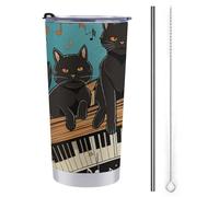 Tazza da viaggio in acciaio inox isolata con quattro gatti neri sdraiati sulla tastiera del pianoforte, tazza da viaggio con coperchio, a prova di fuoriuscite, isolata sottovuoto, tazza per caffè e tè