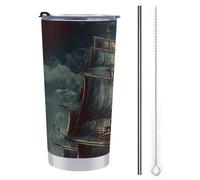 Tazza da viaggio in acciaio inox isolata nautica vintage con nave pirata stampata con coperchio, a prova di fuoriuscite, isolamento sottovuoto, tazza per caffè e tè, mantiene le bevande calde o