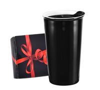 Tazza da viaggio in ceramica, da 350 ml, con coperchio resistente agli spruzzi e scatola colorata, riutilizzabile, doppia parete, nera, tazza da caffè in porcellana, regalo per donne, uomini, per lei
