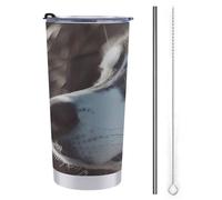 Tazza da viaggio isolata in acciaio inox con stampa di cane husky dagli occhi blu, con coperchio, a prova di fuoriuscite, isolamento sottovuoto, tazza per caffè e tè, mantiene le bevande calde o