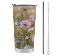 Tazza da viaggio isolata in acciaio inox con stampa floreale sul campo, con coperchio, a prova di fuoriuscite, per auto, per caffè e tè, mantiene le bevande calde o fredde