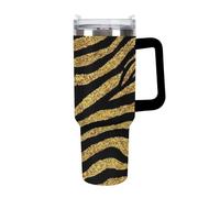 Tazza da viaggio per auto, unisex, grande, in acciaio inossidabile, con cannuccia, per casa e ufficio, motivo: pelle di animale con glitter oro e stampa a strisce di tigre