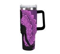 Tazza da viaggio portatile, tazza da auto alla moda, tazza termica in acciaio inossidabile con cannuccia per casa e ufficio, yoga, meditazione, loto, mandala viola.