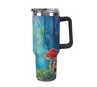 Tazza da viaggio riutilizzabile con coperchio e cannuccia, extra large, da 1,18 ml, a prova di perdite, per casa, ufficio e esterni, funghi rossi nella foresta nebbiosa