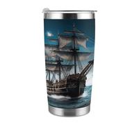 Tazza da viaggio termica da 20 once, in acciaio inossidabile con stampa a forma di nave pirata, con coperchio e cannuccia, per portabicchieri da auto, ufficio o uso esterno