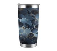 Tazza da viaggio termica da 20 once, in acciaio inossidabile con stampa di esagoni e diamanti blu, con coperchio e cannuccia, per portabicchieri da auto, ufficio o uso esterno