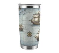 Tazza da viaggio termica da 20 once, in acciaio inossidabile con stampa di una mappa di una barca, con coperchio e cannuccia, per portabicchieri da auto, ufficio o uso esterno