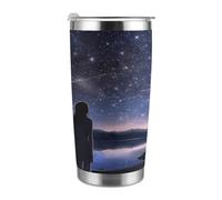 Tazza da viaggio termica da 20 once, in acciaio inossidabile, con stampa di una ragazza che guarda le stelle, con coperchio e cannuccia, per portabicchieri da auto, ufficio o uso esterno