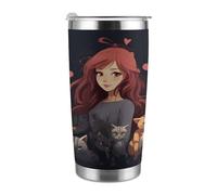 Tazza da viaggio termica da 20 once, in acciaio inossidabile, con stampa "Una ragazza che ama i gatti", con coperchio e cannuccia, per portabicchieri da auto, ufficio o uso esterno.