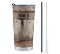 Tazza da viaggio vintage con quattro simpatici fantasmi appesi al filo del bucato, in acciaio inox, isolata sottovuoto, con coperchio con cannuccia e spazzola per la pulizia