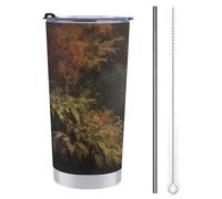 Tazza da viaggio vintage da 590 ml, con fantasma di Halloween e foresta oscura, in acciaio inox, con coperchio con cannuccia e spazzola per la pulizia