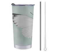 Tazza da viaggio vintage da 590 ml, con farfalla bianca su verde, in acciaio inox, isolata sottovuoto, con coperchio con cannuccia e spazzola per la pulizia