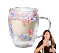 Tazza decorativa in vetro a doppia parete con fiori secchi, tazza decorativa da 350 ml con manico, tazza estetica per fiori secchi che trattiene il calore, bicchieri isolanti creativi per bevande