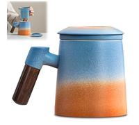 Tazza Di Ceramica Con Filtro E Coperchio, 420ml Tazza Da Tè Con Colino Da Tè E Coperchio, Tazze Da Te Con Infusore E Colino, Tazza Da Caffè Con Manico In Legno, Tazza Manico Legno