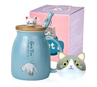 Tazza di gatto carino da caffè in ceramica con coperchio e cucchiaio in legno Kawaii Tazza del mattino della novità Tazze da tè, latte per amanti dei gatti Donne blu