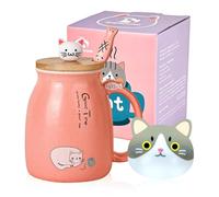 Tazza di gatto carino in ceramica con coperchio e cucchiaio in legno, Kawaii Tazza del mattino della novità Tazze da tè, latte per amanti dei gatti Donne rosa