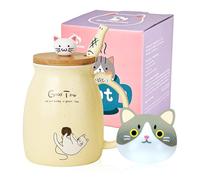 Tazza di gatto carino Tazza da caffè in ceramica con coperchio e cucchiaio in legno Kawaii Tazza del mattino della novità Tazze da tè al latte e caffè Tazze per gatti per amanti dei gatti Donne giallo