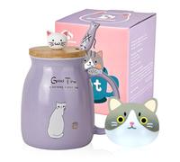 Tazza di gatto carino Tazza da caffè in ceramica con coperchio e cucchiaio in legno Kawaii Tazza del mattino della novità Tazze da tè al latte e caffè Tazze per gatti per amanti dei gatti Donne viola