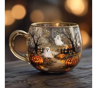 Tazza di Halloween Haunted Path - Tazza da caffè con fantasma, novità in vetro con vibrazioni spettrali, design zucca e fantasma dipinto a mano, regalo adatto al microonde e decorazione autunnale (1