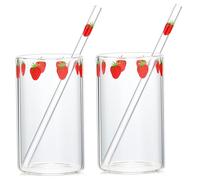Tazza di vetro alla fragola con paglia 2 set di tazze di fragole in vetro borosilicato alto perfette per donne bevande multiuso multiuso perfette per il succo di latte