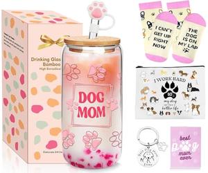 Tazza di vetro per gli amanti dei cani, tazza da caffè freddo da 510 ml, con coperchi e cannuccia, set regalo per mamma e cucciolo, per donne, tazza per cani e mamma, regalo per compleanno, festa