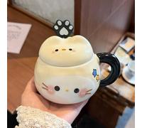 Tazza Divertente a Forma di Gatto per Donne, Tazze da Caffè Uniche a Forma di Gatto Kawaii 3D, Tazze Colazione in Porcellana per Ragazze, Bastoncino per Mescolare Dedicato, Lunga(Yellow)