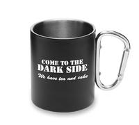 Tazza divertente con manico a moschettone in metallo con scritta "We Have Tea and Cake Come to The Dark Side" (lingua italiana non garantita)