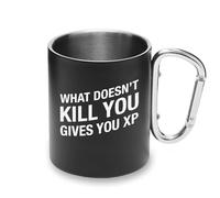 Tazza divertente con moschettone in metallo con scritta "What Don't Kill You gives you XP", tazza da campeggio