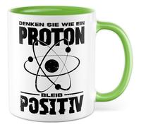 Tazza fisica regalo pensa come un protone. Rimani positivo., tazza da caffè fisica insegnante di fisica scienza proton gioco di parole, idea regalo meme sarcasmo umorismo divertente scritta caffè