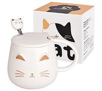 Tazza Gatto Bianco Tazza da caffè in ceramica carina con coperchio Kawaii e cucchiaio adorabile Tazza del mattino della novità Tazze di caffè - Tazze di animali 3d per gli amanti dei gatti Donne